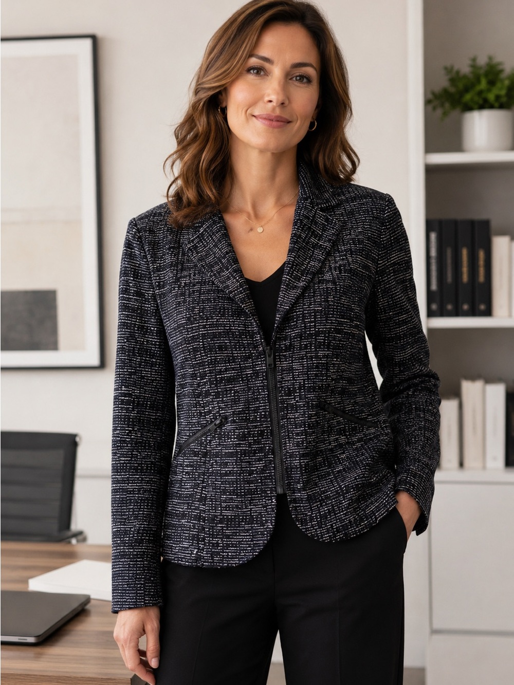 CABI Lightweight Black/Blue/ Cream‎ Mingle Tweed Full Zip Jacket
 EUC Size 10